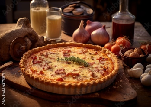Quiche Lorraine on a wooden table with utensils and ingredients scattered around