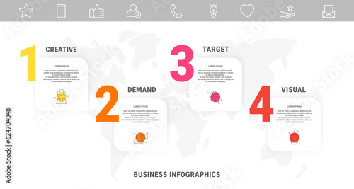 Vector infographics with four numbers or figures and rectangular items or icons with a place for text. Modern illustration for visualization, business, processes, projects, web design, marketing