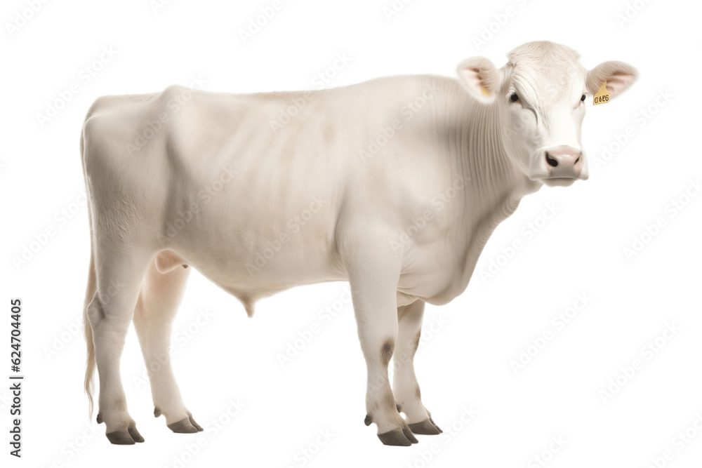 A White Charolais Cow Isolated on a White Background. Generative AI