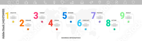 Vector infographics with nine numbers or figures and rectangular items or icons with a place for text. Modern illustration for visualization, business options, steps, processes, projects, marketing