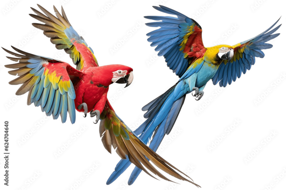 Set of Three Flying Macaw Parrots Collection Red Transparent Background. Generative AI