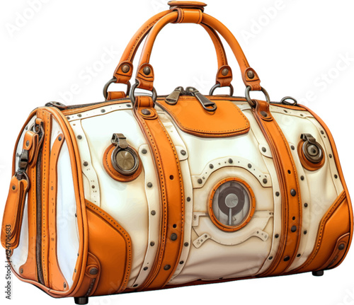 a orange duffel bag has been drawn on white, in the style of pencilsteampunk, retro