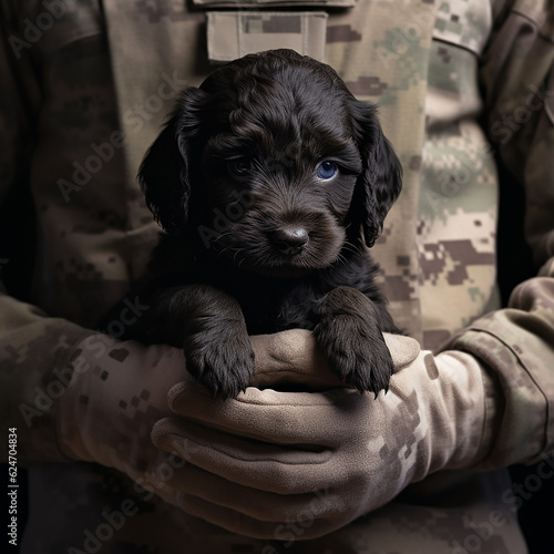 Small cute black puppy in soldier's hands. Scaring war. AI generated photo
