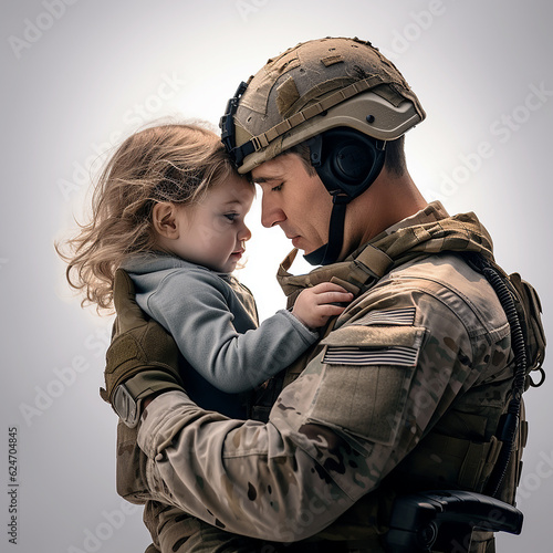 A soldier holding small lonely kid at his hands. Forever goodbye of beloved hearts. Scaring moments of war