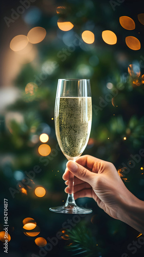 Woman hand holding a glass of champagne  Christmas celebration. AI generated image