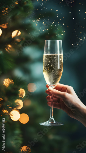 Slika na platnu Woman hand holding a glass of champagne, Christmas celebration