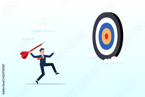 Businessman throwing huge dart, aiming to hit dartboard bullseye, aiming for big goal, challenge to achieve target, success or accuracy, ambition or determination to reach business target (Vector)