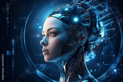 Female android face. Artificial intelligence concept. Futuristic robot head with technology neural system. AI