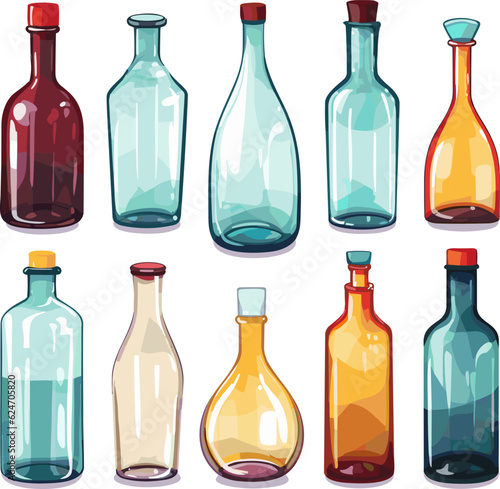 Set of glass bottles of various shapes and colors isolated on white background.