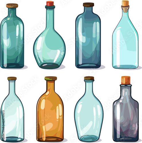 Set of glass bottles of various shapes and colors isolated on white background.