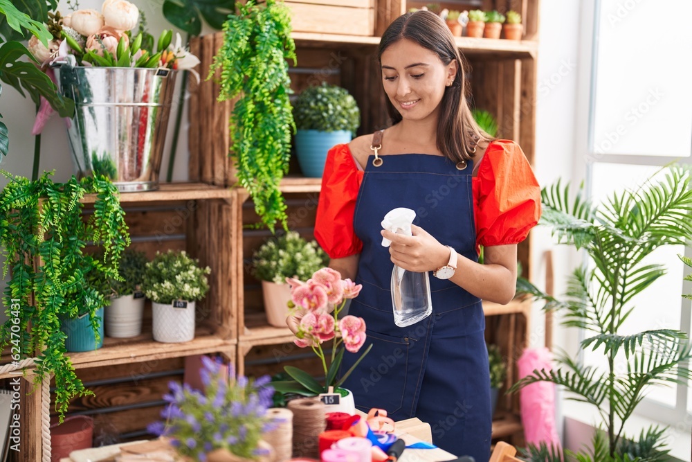 Young beautiful hispanic woman florist using diffuser working at florist Young beautiful hispanic woman florist using diffuser working at florist