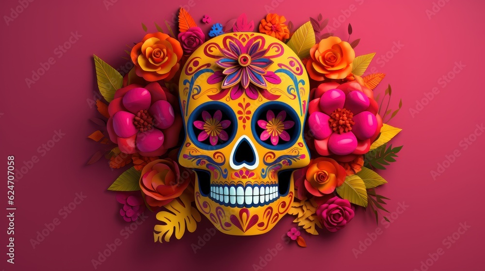 Day of the Dead Background, Halloween Dia De Los Muertos, Mexican Sugar Skulls. Generative Ai Day of the Dead Background, Halloween Dia De Los Muertos, Mexican Sugar Skulls. Generative Ai