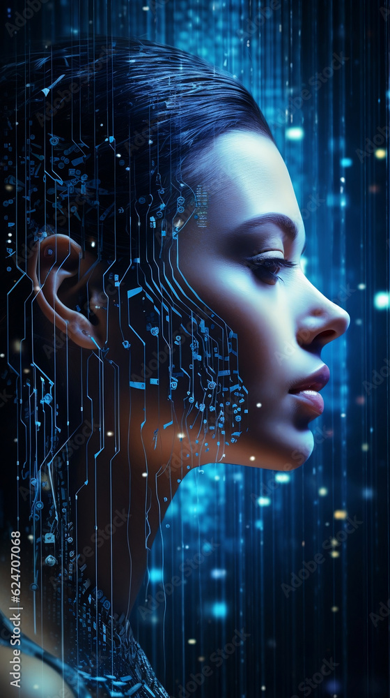 Female android face. Artificial intelligence concept. Futuristic robot head with technology neural system. AI Female android face. Artificial intelligence concept. Futuristic robot head with technology neural system. AI