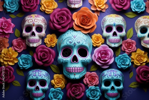 Day of the Dead Background, Halloween Dia De Los Muertos, Mexican Sugar Skulls. Generative Ai