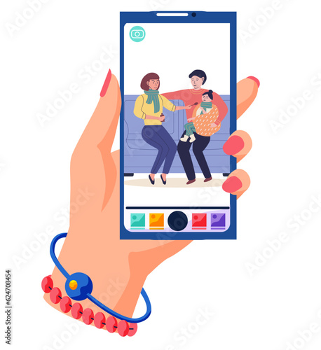 Girl holding phone with photo of people on self-isolation. Guy giving pill to woman with headache. Editing photo of treatment Prevention of spread of cold. Female character and man are treated at home