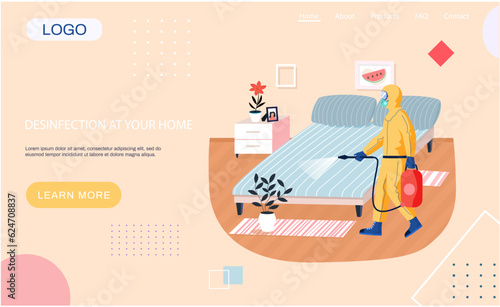 Disinfection in your home landing page temlate with sanitary worker disinfects bedroom to kill viruses and bacteria. Male character in protective suit sprays room with disinfectant solute, quarantine