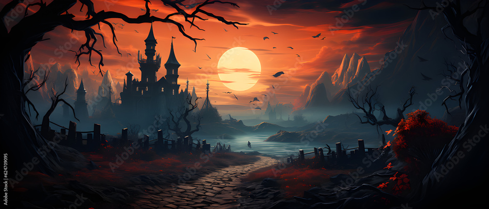 halloween background with creepy landscape of night sky fantasy forest in moonlight 