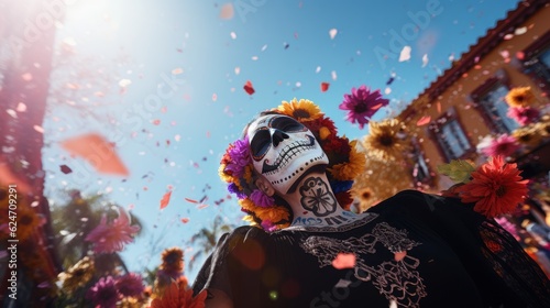 Woman with Mexican Sugar Skull Makeup, Day of the Dead, Dia De Los Muertos. Generative Ai