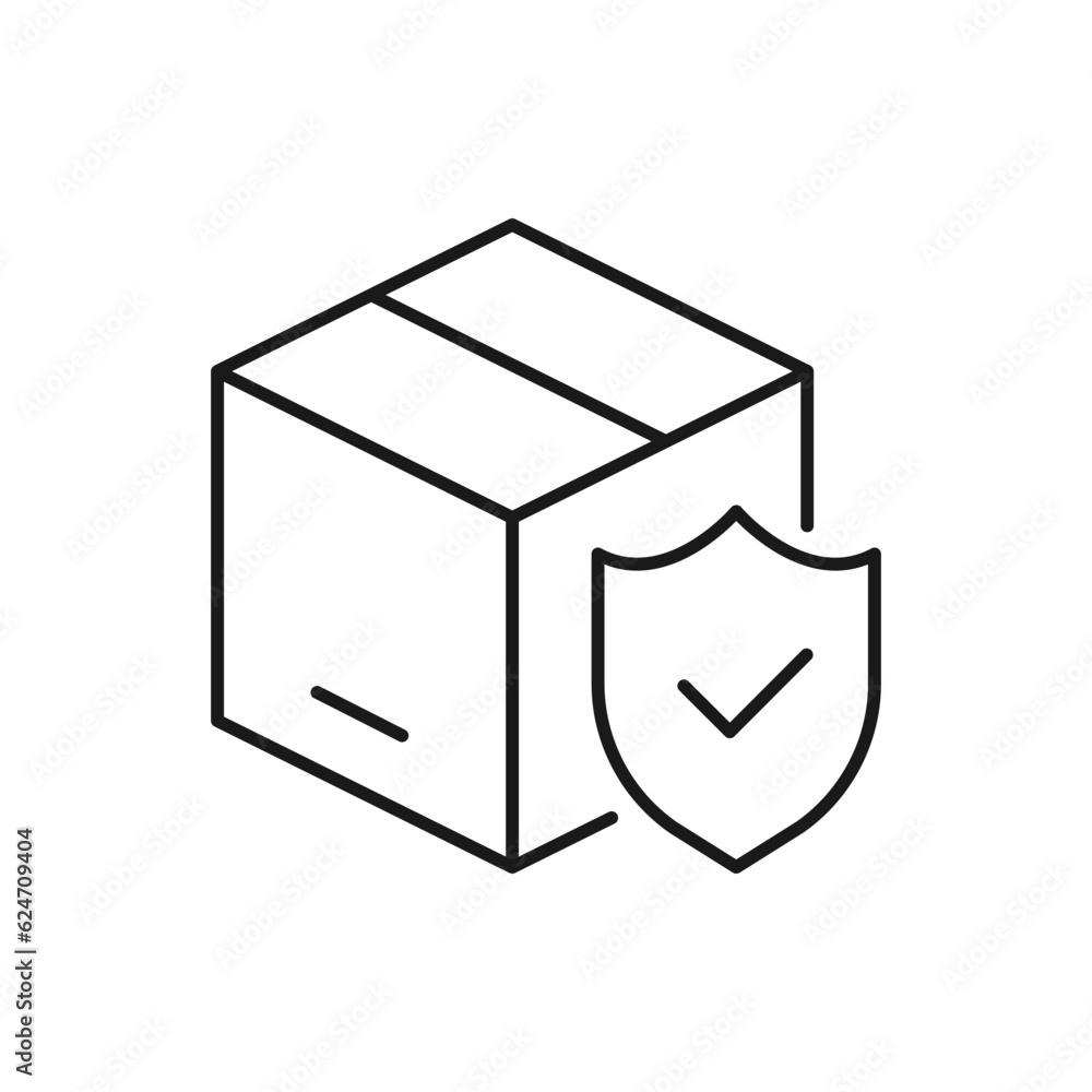 Package protection. Box with shield icon line style isolated on white background. Vector illustration Package protection. Box with shield icon line style isolated on white background. Vector illustration