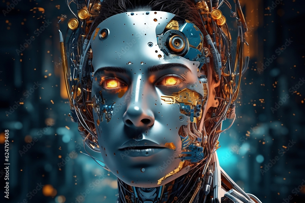 Male android face. Artificial intelligence concept. Futuristic robot head with technology neural system. AI