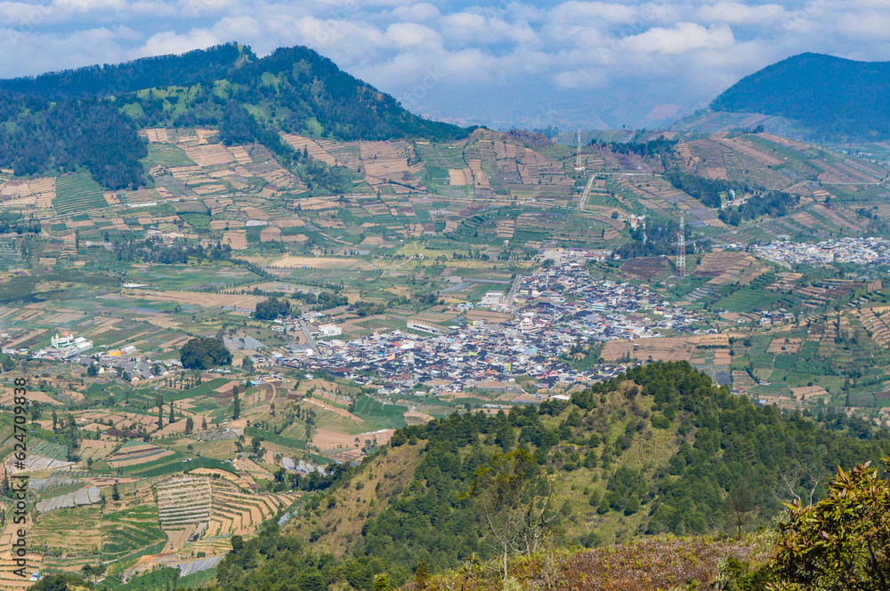 view of the village of the mountains in Dieng, Central Java, Indonesia