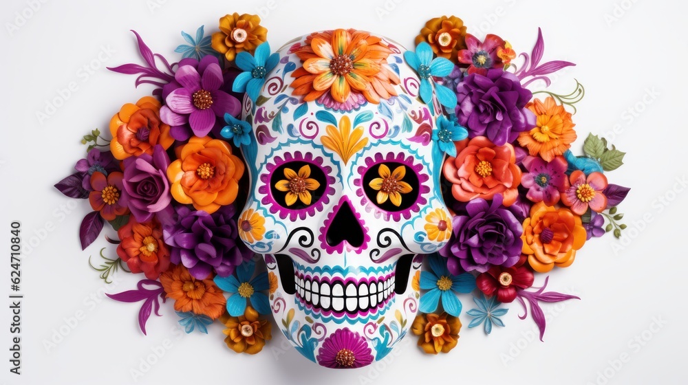 Mexican Sugar Skulls on White Background, Day of the Dead, Halloween Dia De Los Muertos. Generative Ai