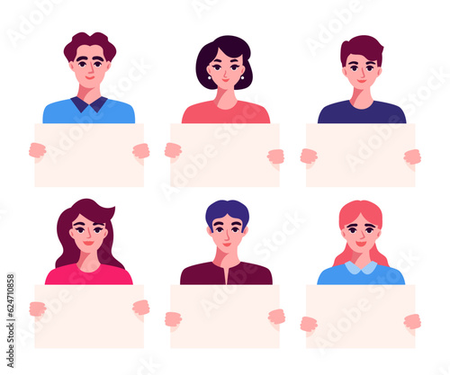 Smiling young men and women holding empty placards. Female and male avatars. Vector illustration in trendy flat cartoon style