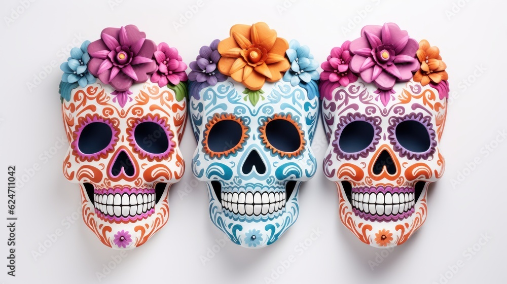 Mexican Sugar Skulls on White Background, Day of the Dead, Halloween Dia De Los Muertos. Generative Ai Mexican Sugar Skulls on White Background, Day of the Dead, Halloween Dia De Los Muertos. Generative Ai