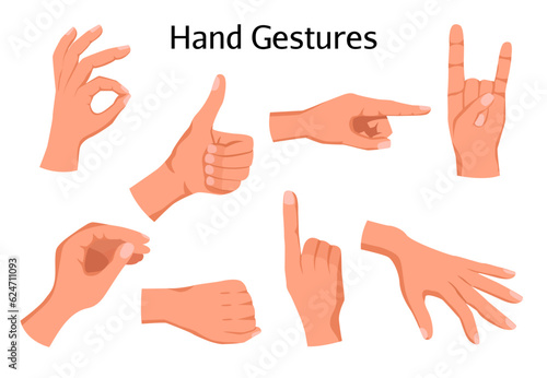 Set of hands showing different gestures isolated on a white background. Vector illustration, flat cartoon style
