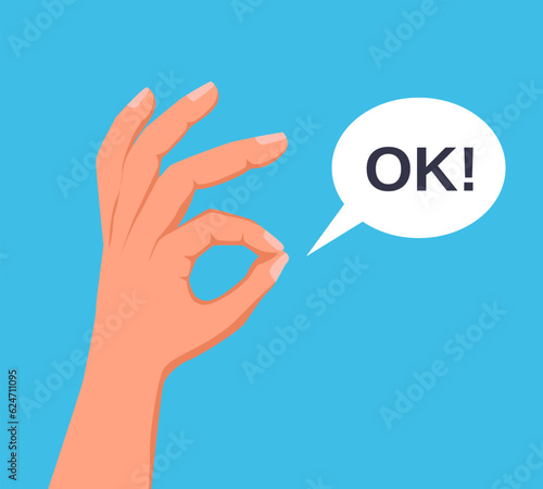 Hand OK sign. Communication gestures concept. Vector illustration isolated on colorful background, flat cartoon design