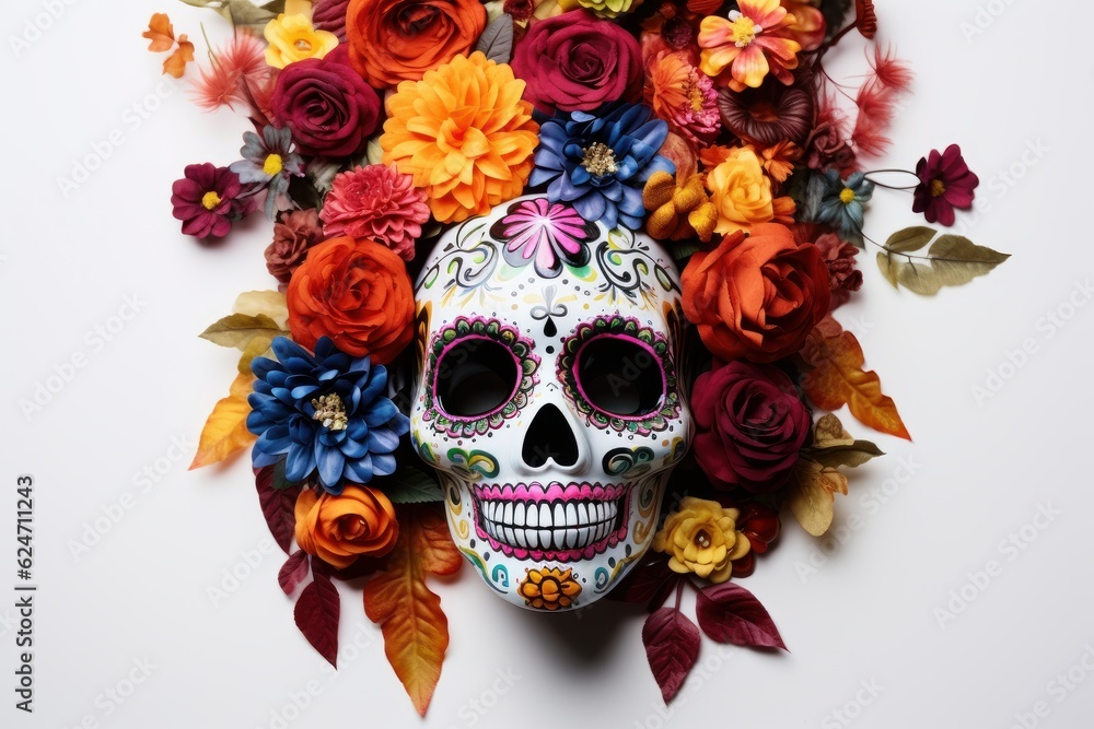 Mexican Sugar Skulls on White Background, Day of the Dead, Halloween Dia De Los Muertos. Generative Ai Mexican Sugar Skulls on White Background, Day of the Dead, Halloween Dia De Los Muertos. Generative Ai
