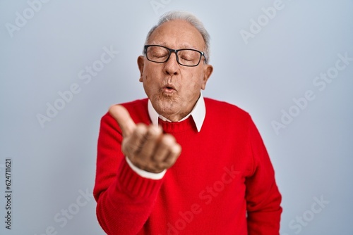 Senior man with grey hair standing over isolated background looking at the camera blowing a kiss with hand on air being lovely and sexy. love expression.