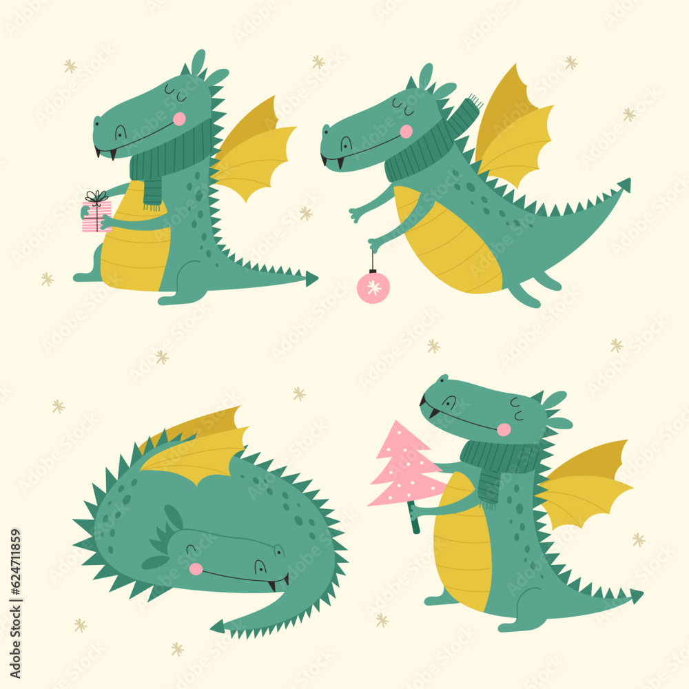 Obraz premium Set with cute green dragon. Vector illustrations