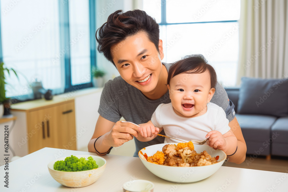 Young parent eating chinese food at home with child. Generative AI