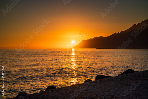 Sunset over the mountains along Almafi Coast