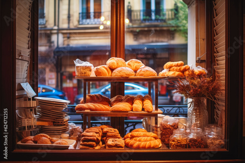 French bakery window. Pastries, croissants, donuts, pain au chocolate, baked goods. Generative AI