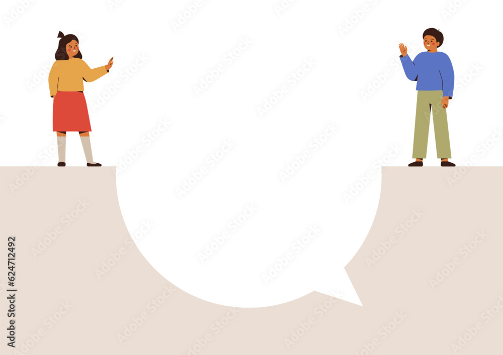 Obraz na plátně Girl and boy stand on the big speech bubble and waving hands