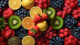 Fruits and Berries Background. Orange, Strawberry, Blueberry, Raspberry, Kiwi, Pineapple. Healthy Eating, Fresh Produce. Top View.