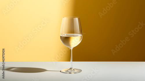 A glass of white wine on a white table and yellow background. photo