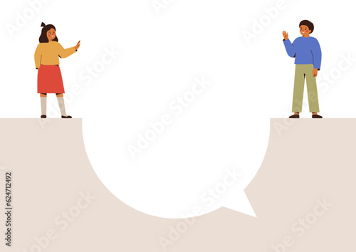 Girl and boy stand on the big speech bubble and waving hands. Friends Or siblings say hello with hi gesture. Teenagers on the large frame online message greet each other.communication concept. Vector