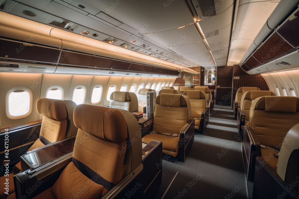 Modern airplane interior with ample seating and overhead compartments for comfortable travel Generative AI