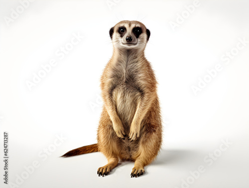 "The meerkat or suricate is a small mongoose. It has a distinctive feature with a wide head, big eyes, a pointed nose, long legs, a thin tail and striped hair. It likes to stand. Generative AI. Il