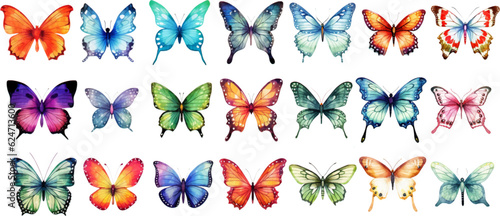 Watercolor set of bright vector hand painted butterflies white background