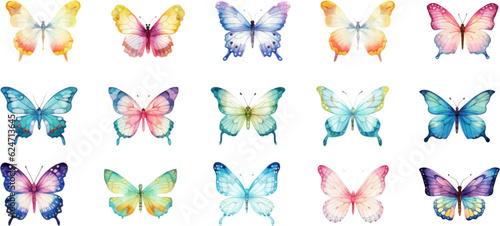 Watercolor set of bright vector hand painted butterflies white background