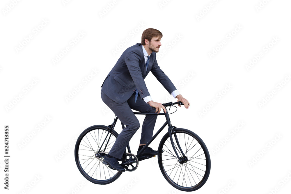 Handsome young businessman riding on his bicycle on a transparent background. Ecologic transport concept. Handsome young businessman riding on his bicycle on a transparent background. Ecologic transport concept.