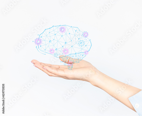 Woman hand palm facing upwards.Global internet connection technology.Business digital marketing  finance and banking digital link technology  brain. AI controls technology futuristic people and world.