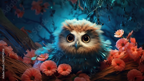 Cute illustration of a baby owl in the forest with unruly fluffy feathers and adorable big eyes and expression, surrounded by vibrant colorful flowers and leaves - generative AI 