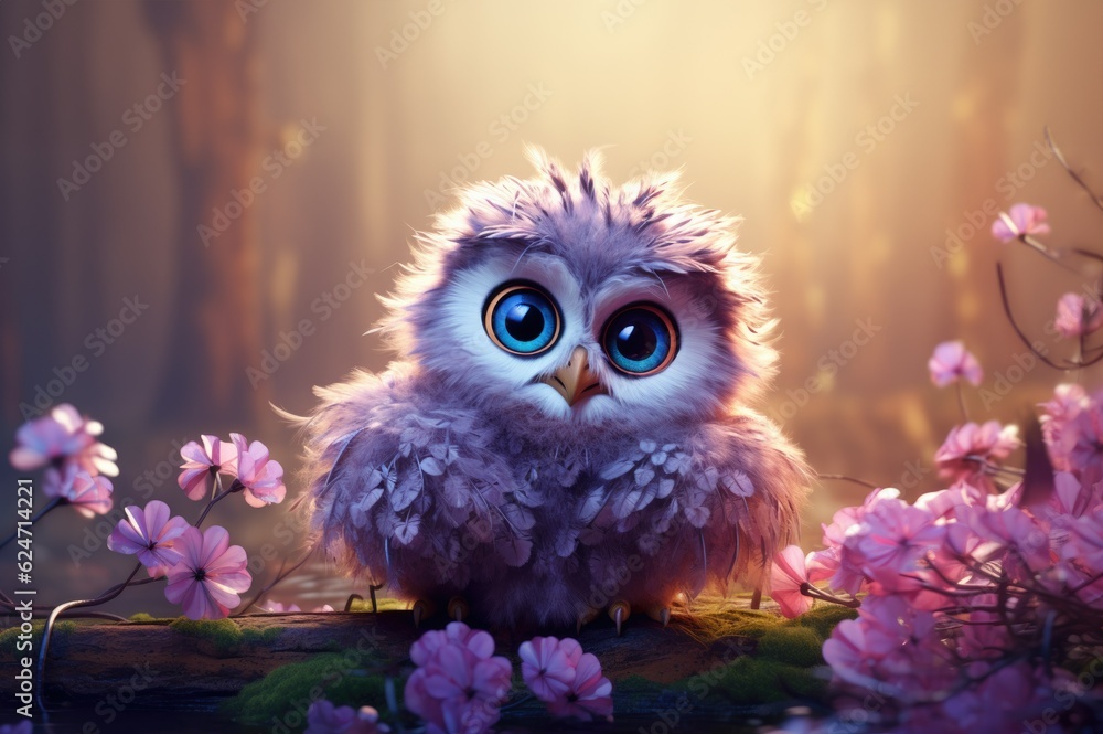 Cute illustration of a baby owl in the forest with unruly fluffy feathers and adorable big eyes and expression, surrounded by vibrant colorful flowers and leaves - generative AI 