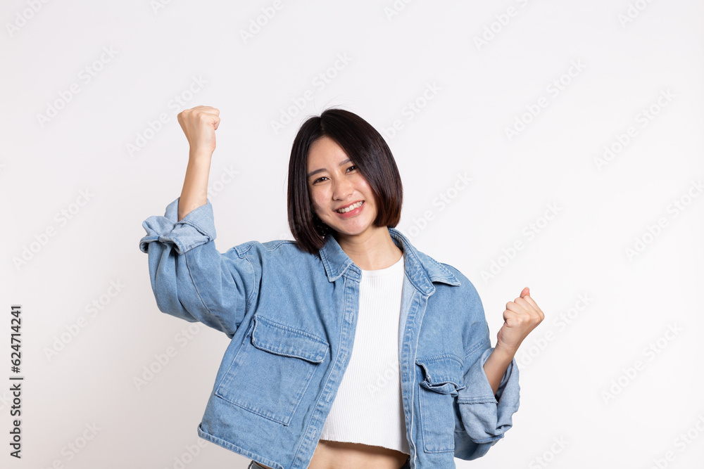 Portrait of happy Asian woman wearing jean shirt isolated on white background Portrait of happy Asian woman wearing jean shirt isolated on white background