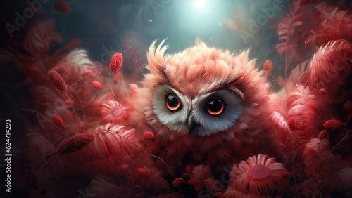 Cute illustration of a baby owl in the forest with unruly fluffy feathers and adorable big eyes and expression, surrounded by vibrant colorful flowers and leaves - generative AI 